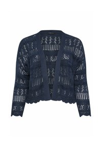 Dunkelblaue leichte Strickjacke mit offenem Vorderteil, strukturiertem Strickmuster und gewellten Kanten, mit langen Ärmeln und lockerer Passform.