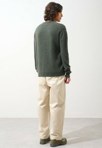 Dunkelgrüner Pullover mit Rundhalsausschnitt, weicher Textur und gerippten Bündchen, kombiniert mit lockeren beigen Hosen und grünen Schuhen. Rückansicht.