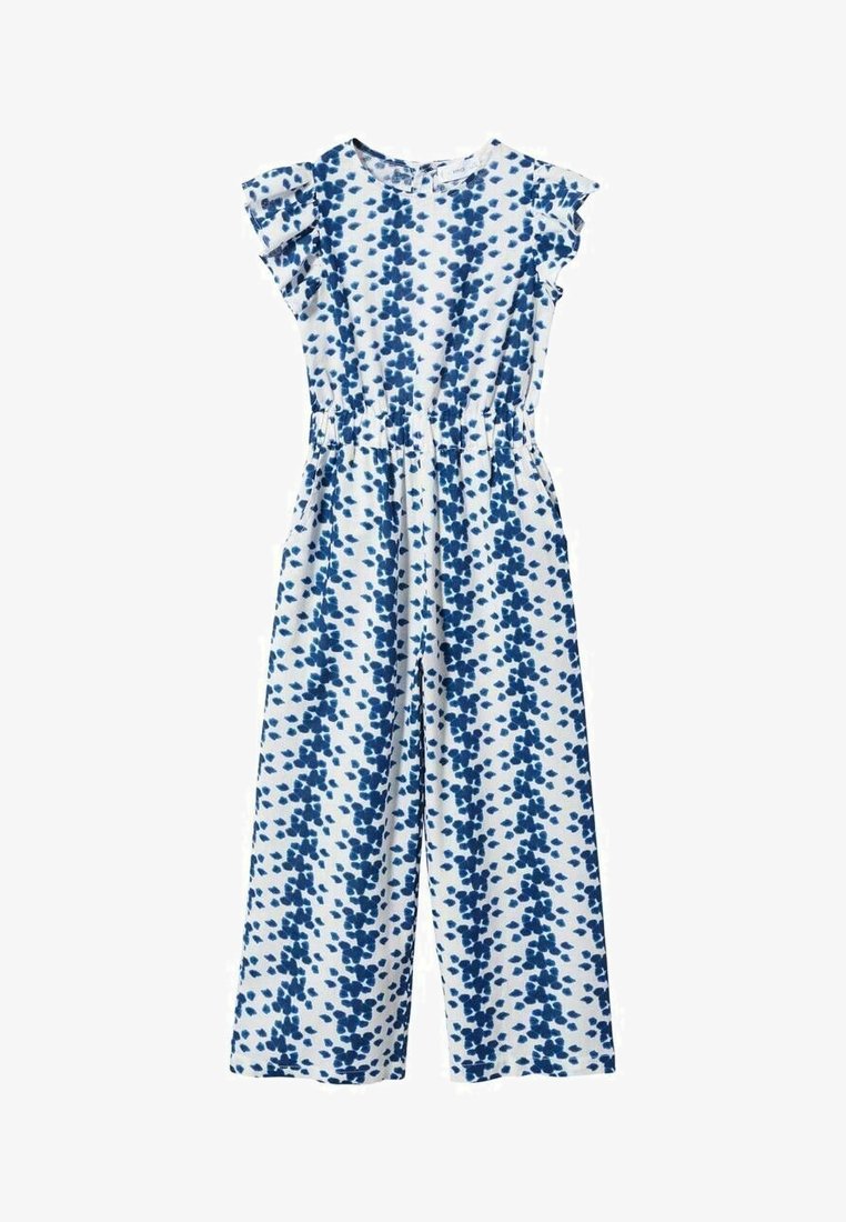 Biały kombinezon z niebieskimi nieregularnymi pionowymi wzorami kwiatowymi, krótkimi falbankowymi rękawami, okrągłym dekoltem i elastyczną talią.