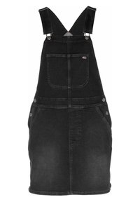 Černé džínové šaty s overalovým střihem, s nastavovacími ramínky, přední kapsou a bočními knoflíky. Hladký povrch s vybledlým efektem.