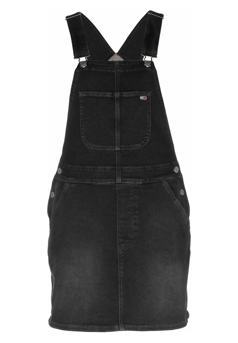 Černé džínové šaty s overalovým střihem, s nastavovacími ramínky, přední kapsou a bočními knoflíky. Hladký povrch s vybledlým efektem.