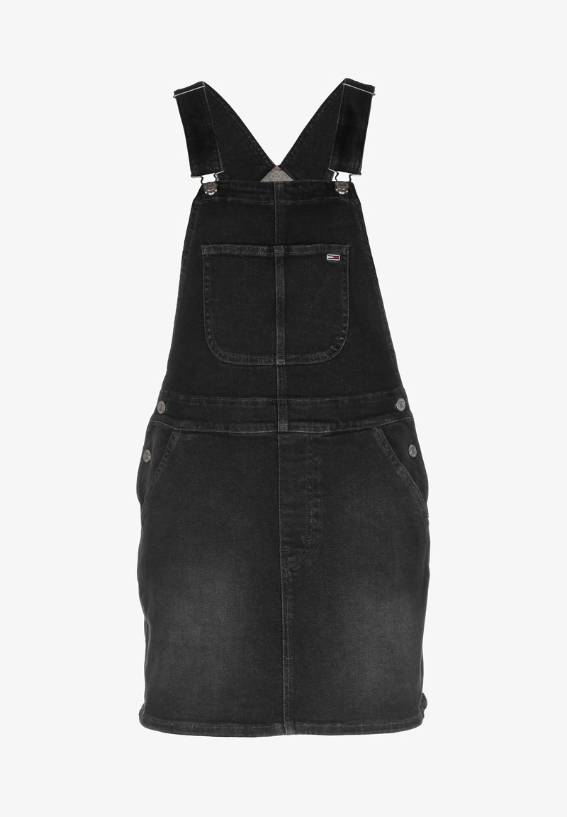 Černé džínové šaty s overalovým střihem, s nastavovacími ramínky, přední kapsou a bočními knoflíky. Hladký povrch s vybledlým efektem.