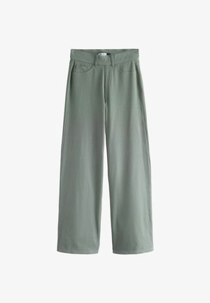 Light green wide-leg pants made of soft fabric, featuring a high waist, front pockets, and straight hems. Smooth texture with a matte finish.