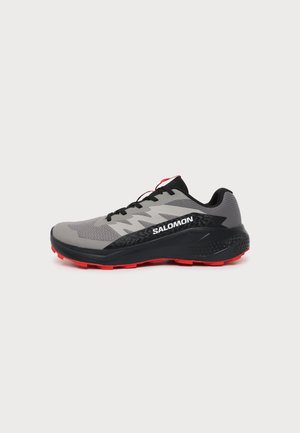 Zapatilla de running Salomon gris, negra y roja con cordones negros, suela texturizada y el logotipo SALOMON en el lateral, mostrada de perfil.