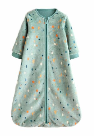 Soft teal baby sleeping bag with long sleeves, zipper front, and multicolor orange, white, and navy speckled pattern.