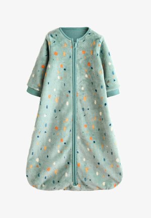 Weicher türkisfarbener Babyschlafsack mit langen Ärmeln, durchgehendem Reißverschluss und mehrfarbigem, orange-weiß-navy gesprenkeltem Muster.