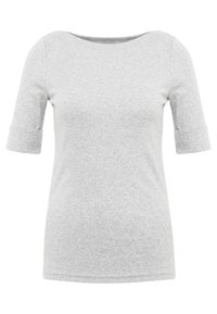 Šedé tričko s krátkým rukávem vyrobené z měkké bavlněné směsi, s rounded výstřihem a detaily s ohrnutými rukávy. Hladká textura bez vzorů.