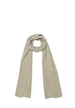 Beżowy dziany szalik, długi i prostokątny, o gładkiej fakturze i lekko prążkowanych krawędziach. Brak widocznych wzorów lub elementów metalowych.