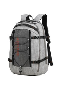 Sac à dos gris clair avec poche en mesh noire, bretelles réglables, boucles latérales et logo orange "AOKING" sur le devant.