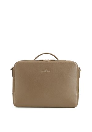 Cartella rettangolare in pelle color taupe con manico superiore, cerniere dorate e logo Wittchen centrato sul pannello frontale.