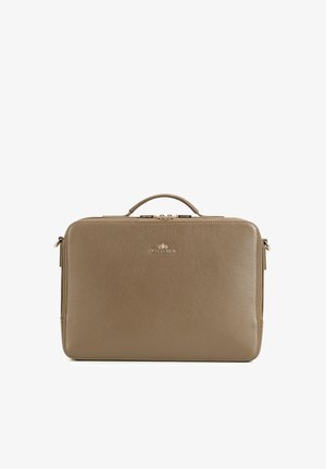 Cartella rettangolare in pelle color taupe con manico superiore, cerniere dorate e logo Wittchen centrato sul pannello frontale.