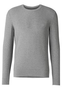 Suéter gris de punto con mangas largas, cuello redondo y puños y bajo acanalados. El material parece suave y texturizado con un patrón fino y consistente.
