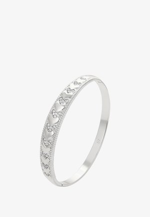 Bracciale in argento con forme di cuori lisci e tempestati di diamanti alternati lungo il cinturino esterno.