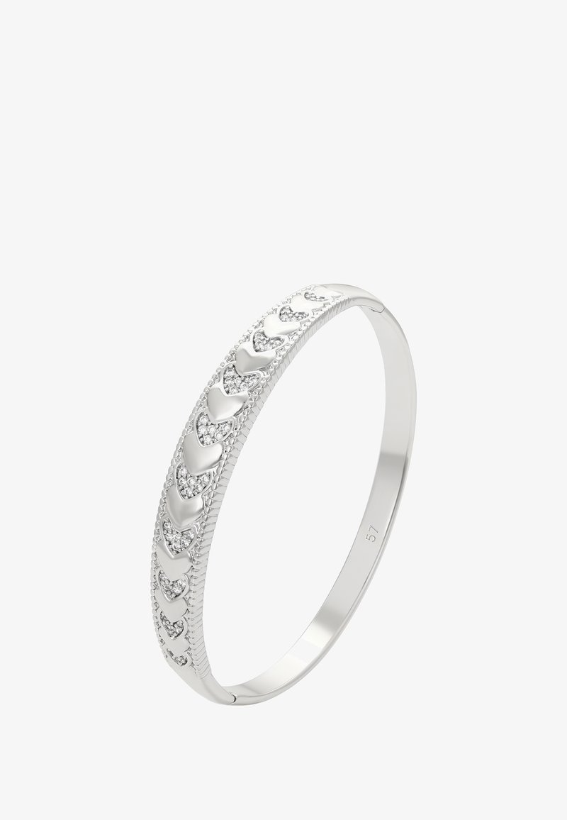 Sidabrinė apyrankė su pakaitomis lygiais ir deimantais išpuoštais širdies motyvais išorėje.