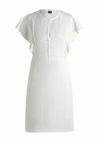 Biała sukienka z krótkim rękawem, okrągłym dekoltem, z guzikami oraz delikatnym haftem na ramionach. Gładki materiał i długość do kolan.