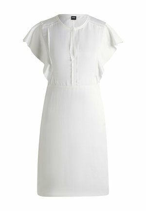 Witte jurk met korte mouwen, een ronde halslijn, een knoopsluiting en fijne borduursels op de schouders. Glad stof en knielange snit.