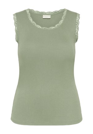 Rebrast, brezrokav top svetlo zelene barve z valovitim čipkastim robom okoli izreza in pazduh. Rahlo oprijet kroj.