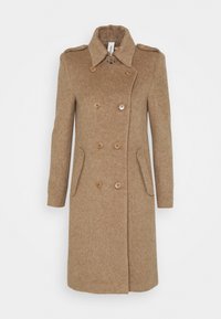 Abrigo de mezcla de lana marrón con un diseño de doble botonadura, cuello y dos bolsillos laterales. Presenta seis botones y un silueta recta.