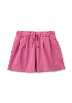 Rosa elastische Shorts mit Kordelzug in der Taille und Seitentaschen, aus weichem Stoff, für den Freizeitgebrauch entworfen.