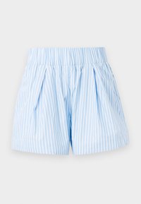 Lyseblå stripete shorts med elastisk midjebånd, plisseringdesign og glatt tekstur. Har hvite vertikale striper og en avslappet passform.