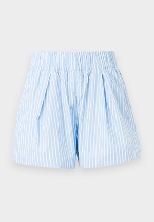 Light blue striped shorts with an elastic waistband, pleated design, and smooth texture. Features white vertical stripes and a relaxed fit.
