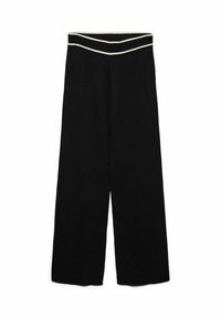 Pantalon noir à jambes larges en tissu doux, avec une ceinture plate ornée d'une couture décorative blanche en haut pour plus de détails.
