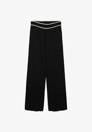 Pantaloni neri a gamba larga in tessuto morbido, con vita piatta caratterizzata da cuciture decorative bianche in alto per un dettaglio aggiuntivo.