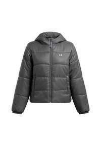 Graue gepolsterte Jacke mit Kapuze, Frontreißverschluss und elastischen Bündchen. Hergestellt aus einem glatten, glänzenden Material mit sichtbaren genähten Abschnitten.