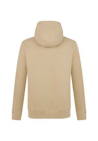 Beige Pullover-Hoodie mit Kängurutasche und gerippten Bündchen, ausgestattet mit einer weichen, glatten Textur und einer passgenauen Kapuze.