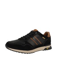 Sneaker sportive nere con tomaia in suede e pelle, dettagli in marrone. Presentano una suola in gomma e cuciture a contrasto. Design con lacci.