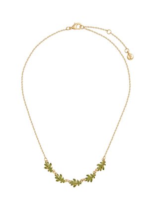 Delicate gold chain necklace with small green leaf-shaped charms evenly spaced along the lower front section.