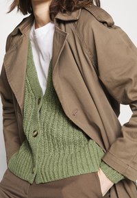 Brauner Trenchcoat, der über einem grünen gestrickten Cardigan mit geripptem Saum geschichtet ist, der große Knöpfe und ein darunter liegendes weißes Rundhals-shirt aufweist.