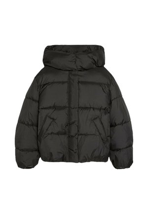 Giacca imbottita nera trapuntata con collo alto imbottito, maniche lunghe, tasche frontali e polsini elastici.
