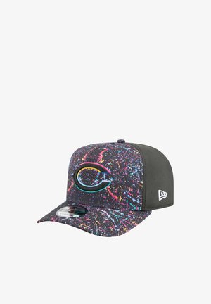 Cap features a black base with a colorful splatter pattern. Embroidered logo in teal, pink, and black. Structured design with a flat visor.