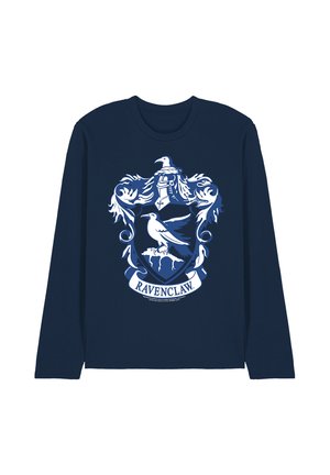 Marineblaues Langarmhemd mit weißem Ravenclaw-Wappen, das einen Raben und dekorative Verzierungen zeigt.