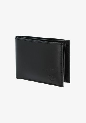 Black leather bi-fold wallet with embossed dove design, shown partially open against a white background.