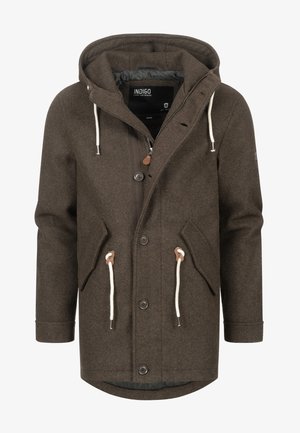 Manteau en mélange de laine brun avec capuche, doté de deux poches avant, d'accents en toggles, d'une fermeture éclair et de boutons. Doublure intérieure.