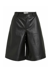 Shorts en cuir noirs taille haute avec passants de ceinture, bouton à l'avant et fermeture éclair, étiquetés "Rouge Edit," présentés sur fond blanc.
