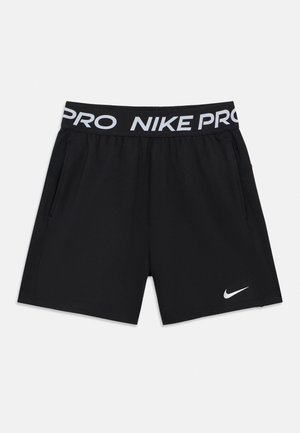 Melni Nike Pro sporta šorti ar elastīgu jostu, uz kuras rakstīts "NIKE PRO" un uz kreisās kājas balts Nike logotips.