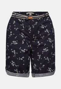 Námořnické květinové šortky vyrobené ze světlé látky. Mají ohrnuté manžety, pletený pásek s hnědým akcentem a malé bílé květinové vzory.