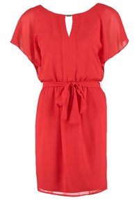 Vestido corto rojo de manga corta con escote de ojal, cintura ajustada y cinturón con lazo. Fabricado con una tela ligera y fluida de textura suave.