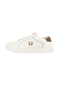 White leather sneakers with brown suede accents, lace-up design, and a logo emblem on the side. Rubber sole with textured grip.
