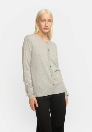 Light grey cardigan made of soft fabric, featuring a round neckline, long sleeves, and brown button accents down the front.