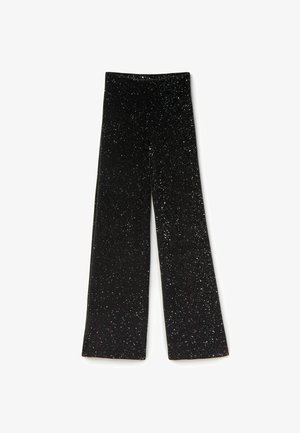 Sorte breddebenede bukser i et blødt, tekstureret stof med et glitrende mønster af sølv- og blå prikker over det hele.