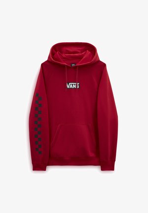 Sweat à capuche Vans rouge avec poche avant, logo Vans noir et blanc sur la poitrine et motif damier noir sur la manche gauche.
