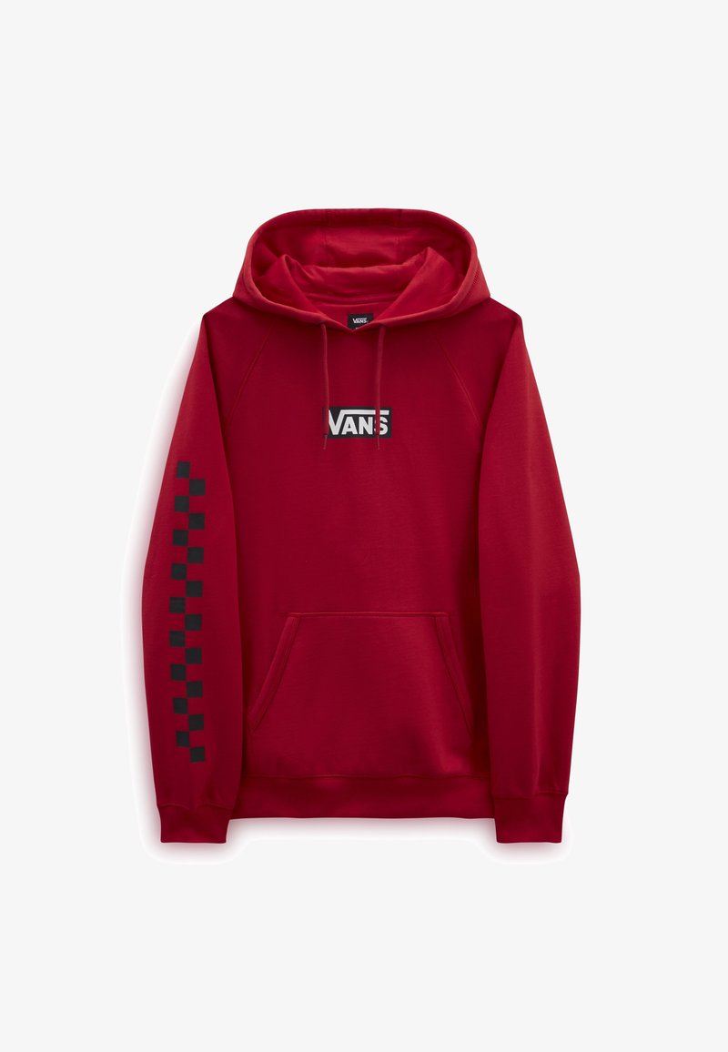 Sweat à capuche Vans rouge avec poche avant, logo Vans noir et blanc sur la poitrine et motif damier noir sur la manche gauche.