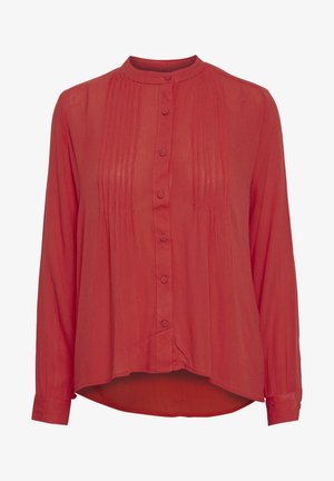 Rode blouse met lange mouwen en een Mandarin-kraag, voorzien van verticale plooien en knopen aan de voorkant. Zacht, lichtgewicht materiaal met een ontspannen pasvorm.