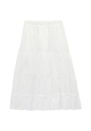 Weißer, gestufter Rock mit elastischem Bund und feinen Spitzenbesätzen an jeder Stufe, fließend und knielang.