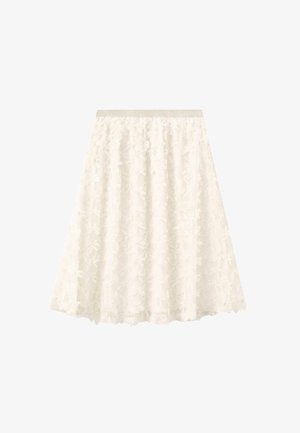 Gonna bianca con un motivo a rilievo che ricorda i fiori, dotata di una vita elasticizzata aderente e di una silhouette svasata.