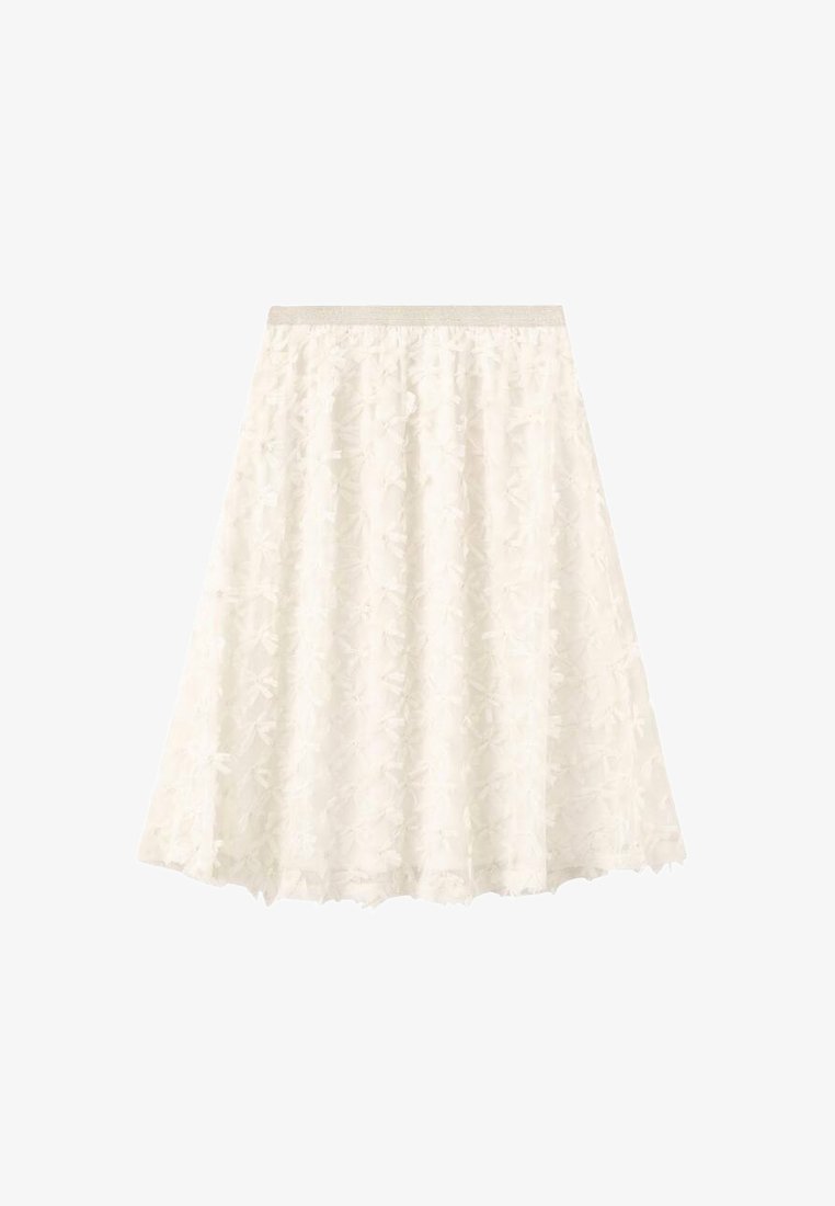 Bílá sukně s texturovaným vzorem připomínajícím květiny, s přiléhavým elastickým pasem a rozšířeným střihem.